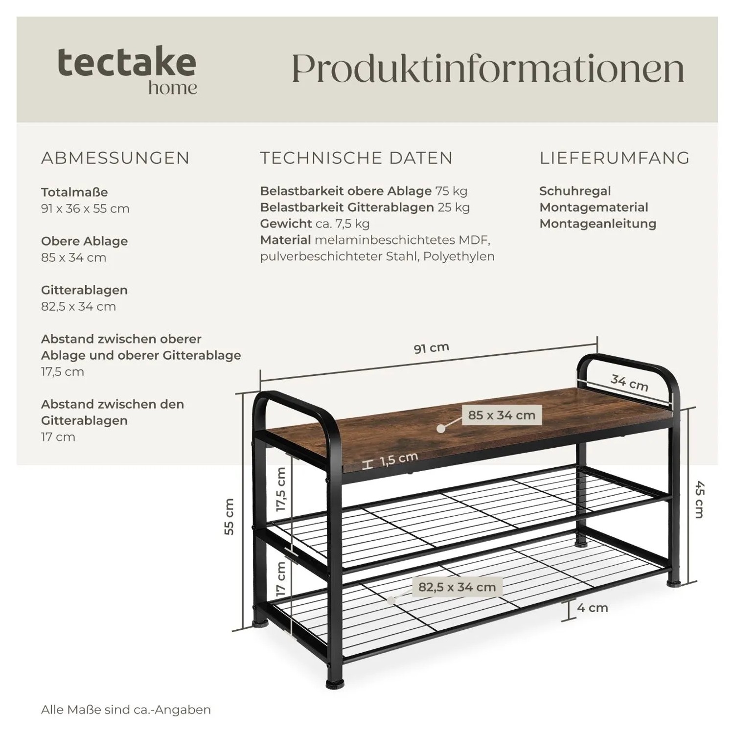 Tectake Schuhregal Southampton Industrial Style Holz und Stahl 91 x 36 x 55 cm Industrial Holz Dunkel Rustikal_6