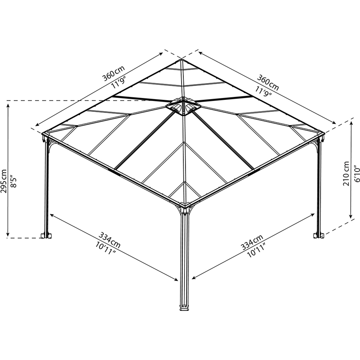 Technische Zeichnung: Palram Palermo 3.6 x 3.6 Gartenpavillon Anthrazit mit Maßen und LED Set.