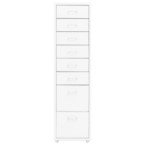 Weißer vidaXL Aktenschrank mit 8 Schubladen und Rollen, aus Metall, 28x41x109 cm.
