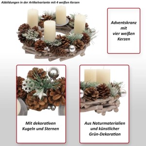 MCW Adventskranz M15 aus Holz, silberfarben, Ø 32cm, ohne Kerzen, mit Deko.