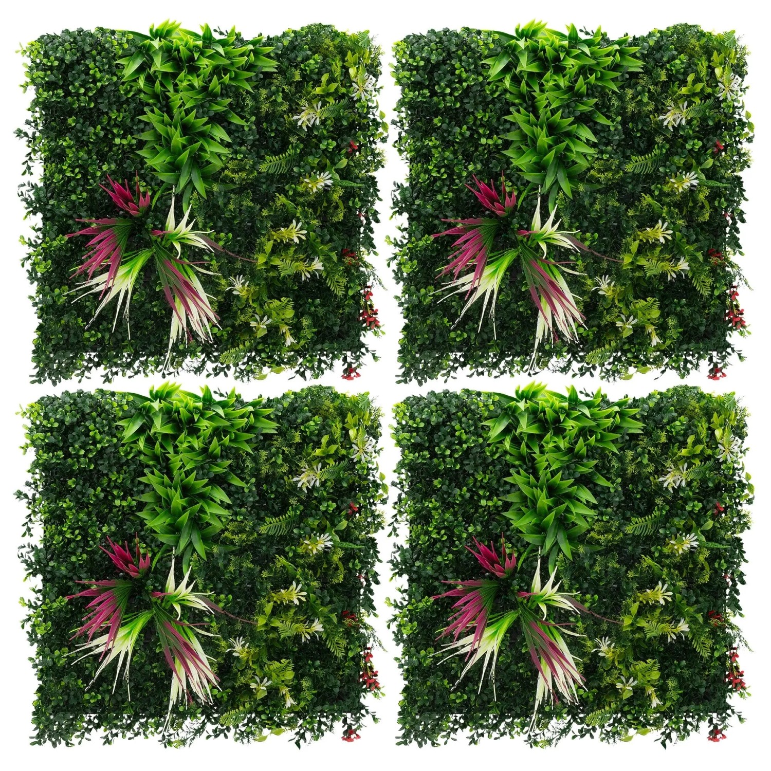 ECD Germany Künstliche Pflanzenwand Indoor Outdoor Kunstpflanzen Wand 4er Set 50x50 cm Grün Tropical Pink