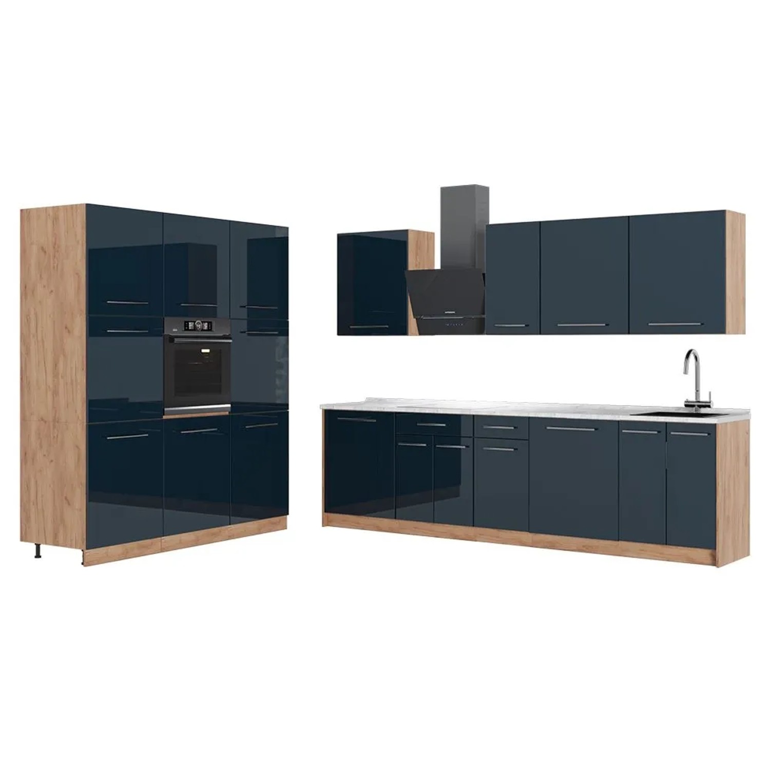 Vicco Küchenzeile Fame-Line Dunkelblau Hochglanz/Goldkraft Eiche 460 x 207 AP Marmor Art Nr 65725