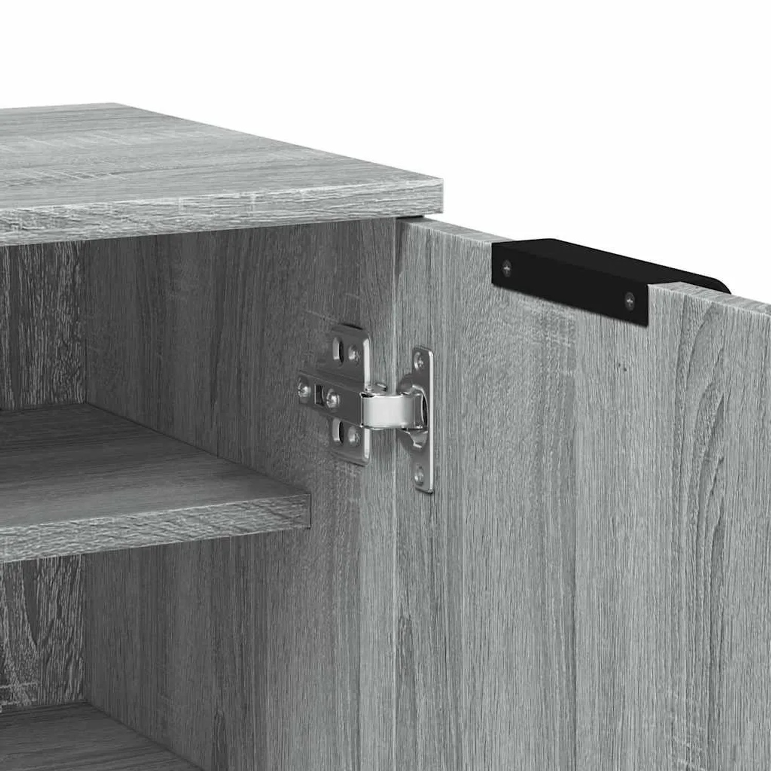 Detailansicht: Grauer Schuhschrank Sonoma mit Fach und Türscharnier.