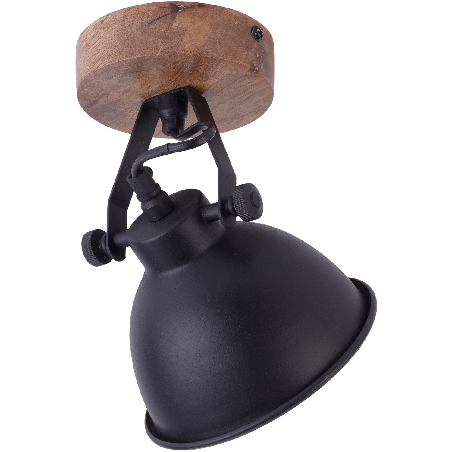 Schwarze Wand- und Deckenleuchte Samia, 1-flammig, mit Holzsockel. Vintage Spot für E14 Leuchtmittel.