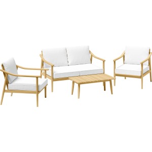 4-teiliges Lounge-Set Lakewood aus Akazienholz mit weißen Polstern für Garten oder Terrasse.