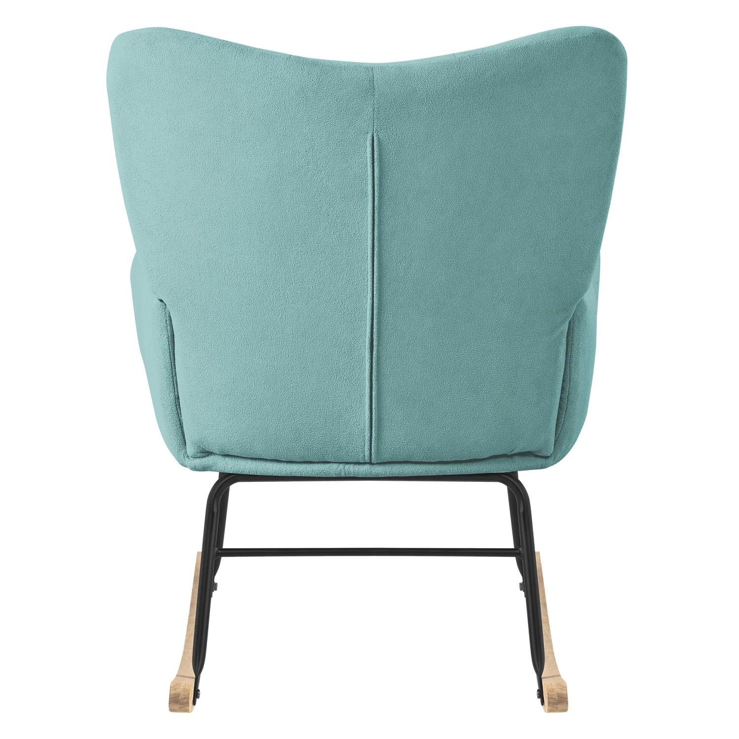 ML-Design Schaukelsessel Salbei mit Frottee-Bezug, Rückansicht. Loungesessel mit Holzfüßen und Stahlgestell.