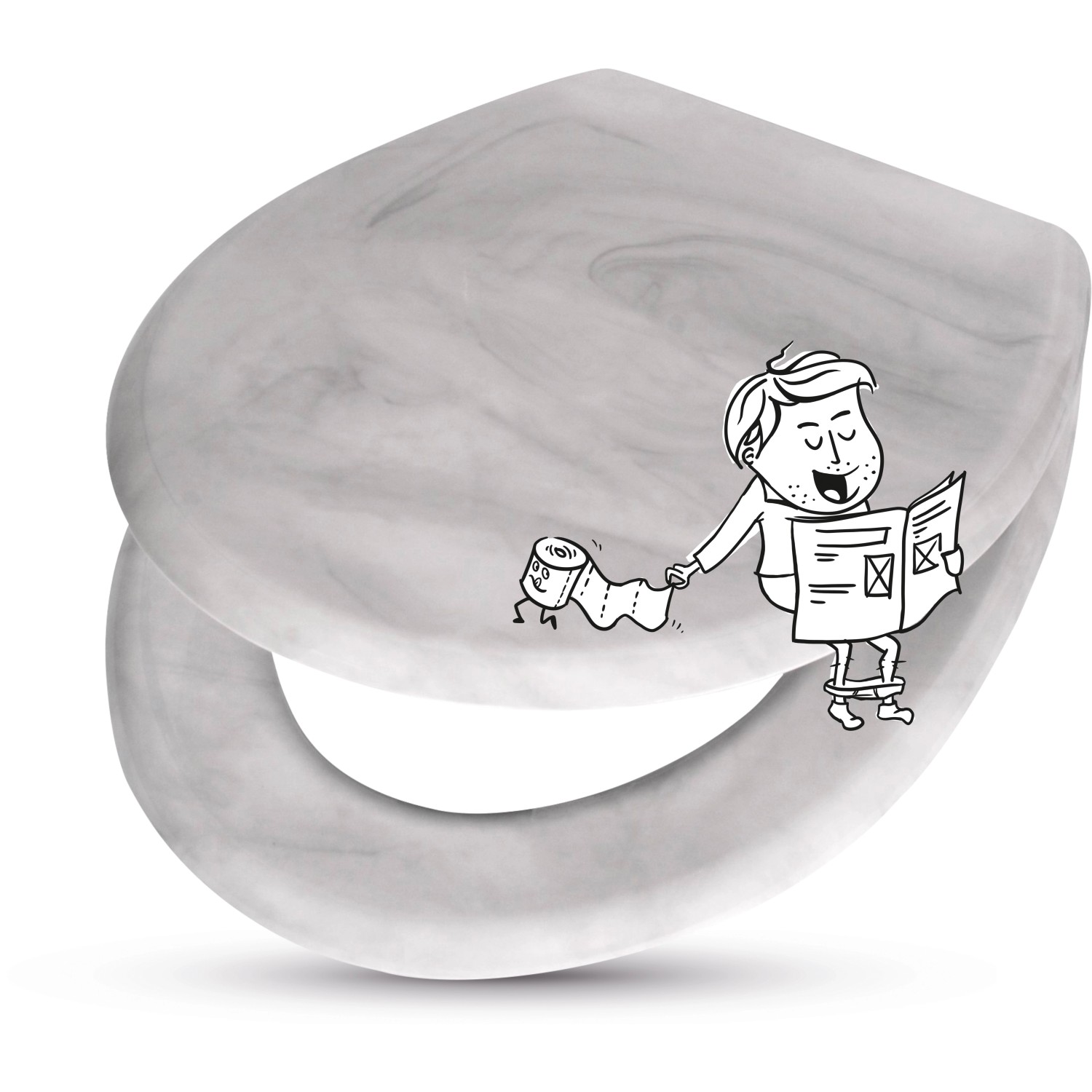 WC-Sitz Cavone II Marmor Grau mit Absenkautomatik und Comic-Illustration.