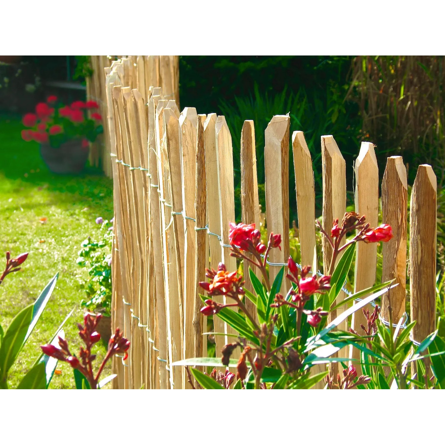 Staketenzaun Haselnuss, 5 m x 0,9 m, im Garten mit Blumen. Naturzaun zur Grundstücksabgrenzung.