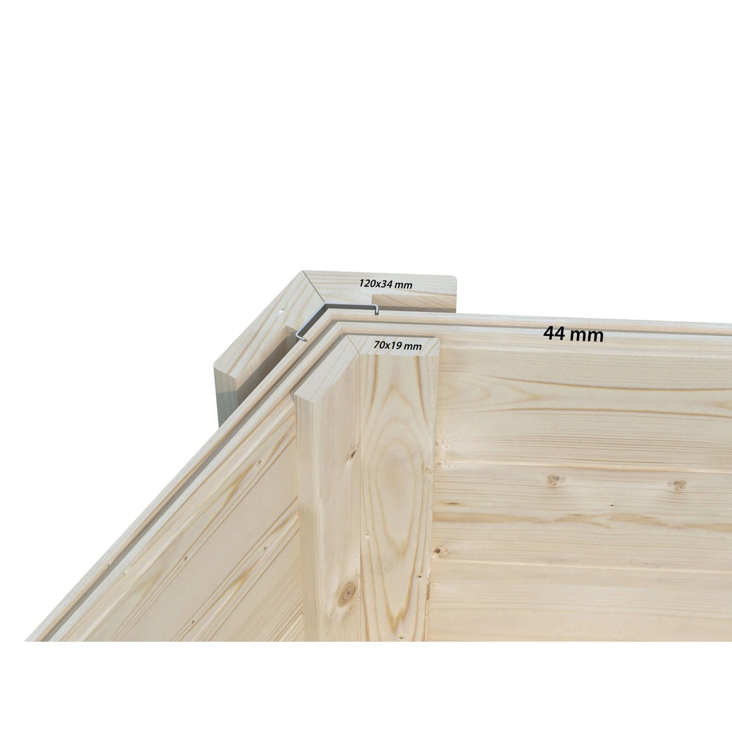 Detailaufnahme der Palmako Grillkota Eva: Holzbohlen und Maße (44 mm, 70x19 mm, 120x34 mm).