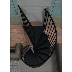 Schwarze Minka Außentreppe Rondo Zink (Ø 180 cm) von oben, Spindeltreppe für den Außenbereich.