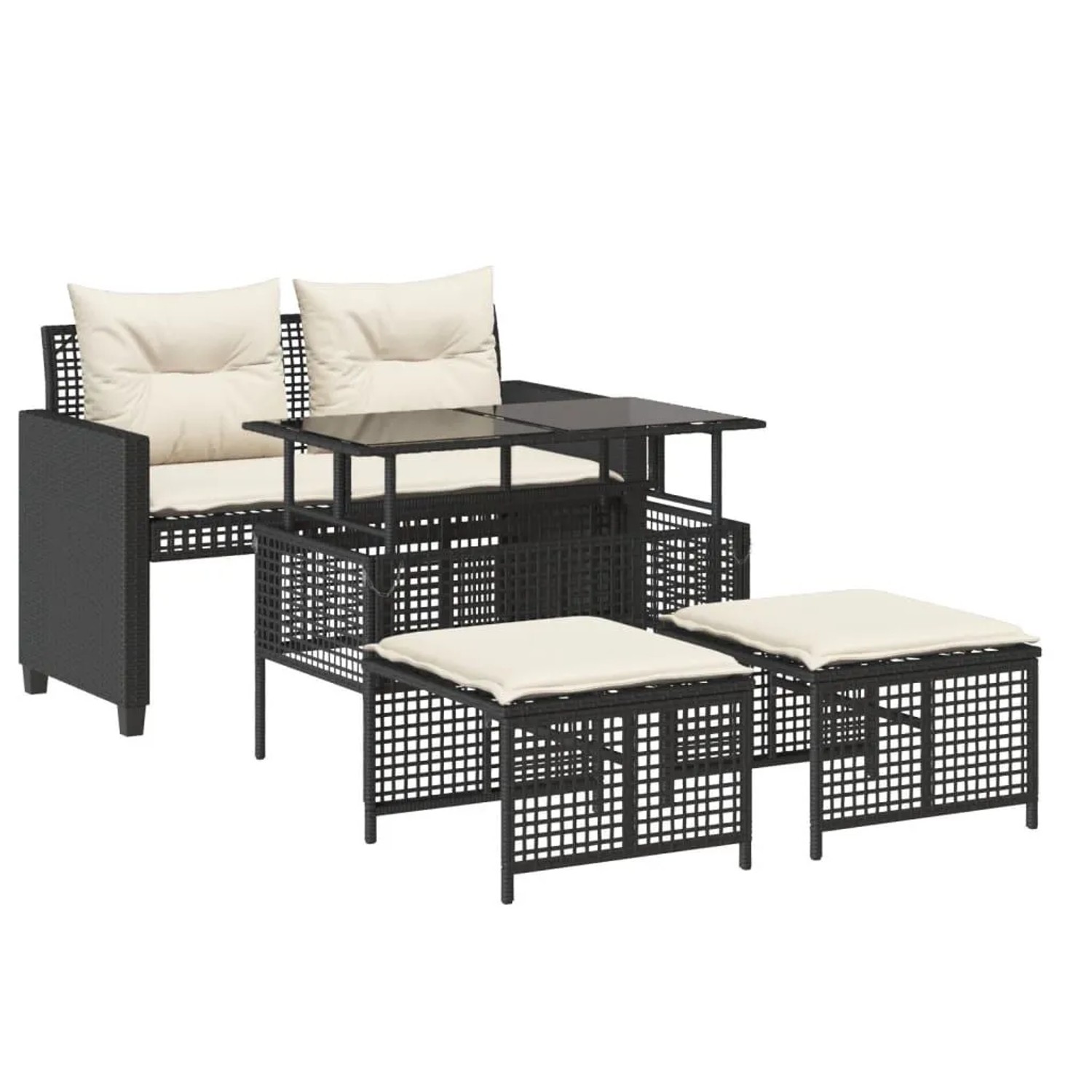 vidaXL 4-Tlg Garten-Sofagarnitur mit Kissen Schwarz Poly Rattan Glas 368134