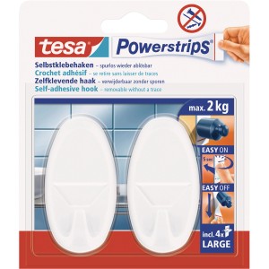 Tesa Klebehaken, 2 ovale, weiße Haken mit Powerstrips für bis zu 2 kg.