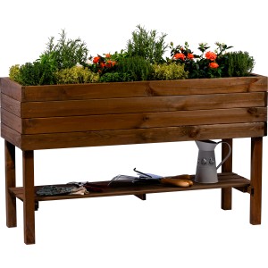 Dunkelbraunes Dobar Hochbeet aus Holz mit Ablage und Bepflanzung.