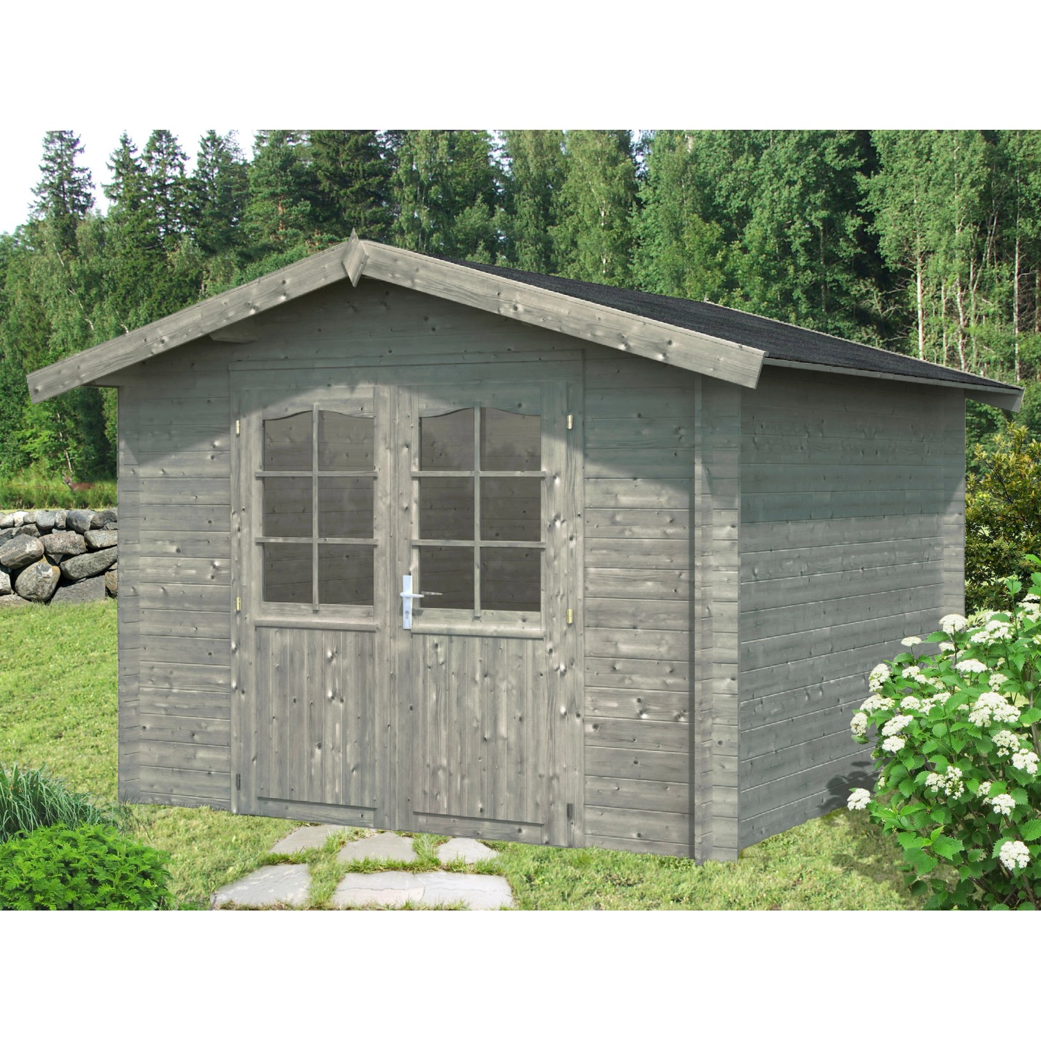 Palmako Lotta Holz-Gartenhaus/Gerätehaus Grau Satteldach Tauchgrundiert 275 cm x 380 cm