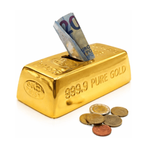 Dekohelden24 Sparfigur Sparburg Goldbarren Spardose Dekogldbarren mit Sparfunktion aus Keramik in Gold L/B/H 16 x 9 x 5 cm