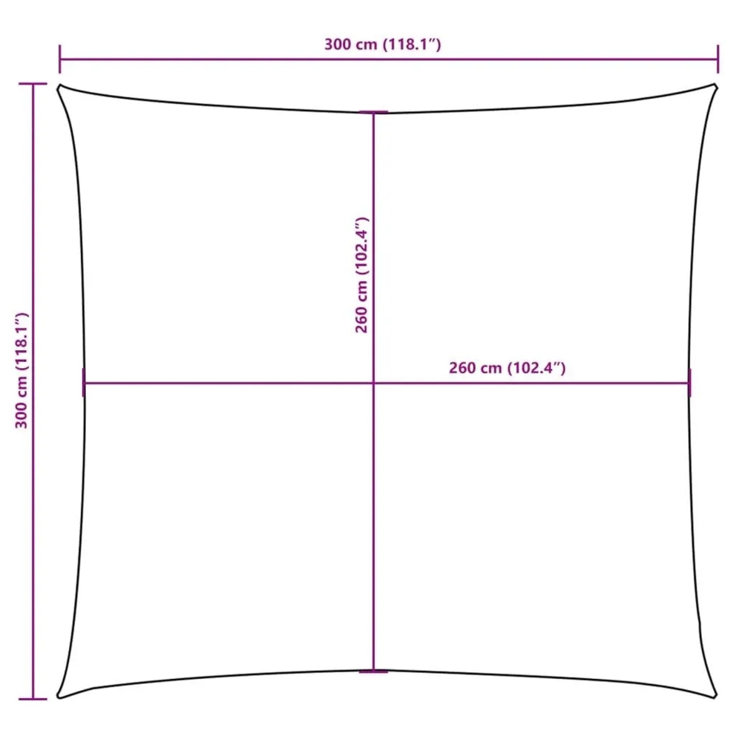 Maßzeichnung des quadratischen Sonnensegels 3x3 m. Zeigt Außenmaße von 300 cm und Innenmaße von 260 cm.