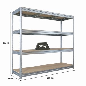 PROREGAL Schwerlastregal Dino HxBxT 180x200x60cm 4 Spanplatten-Ebenen 16mm Fachlast 500kg Verzinkt