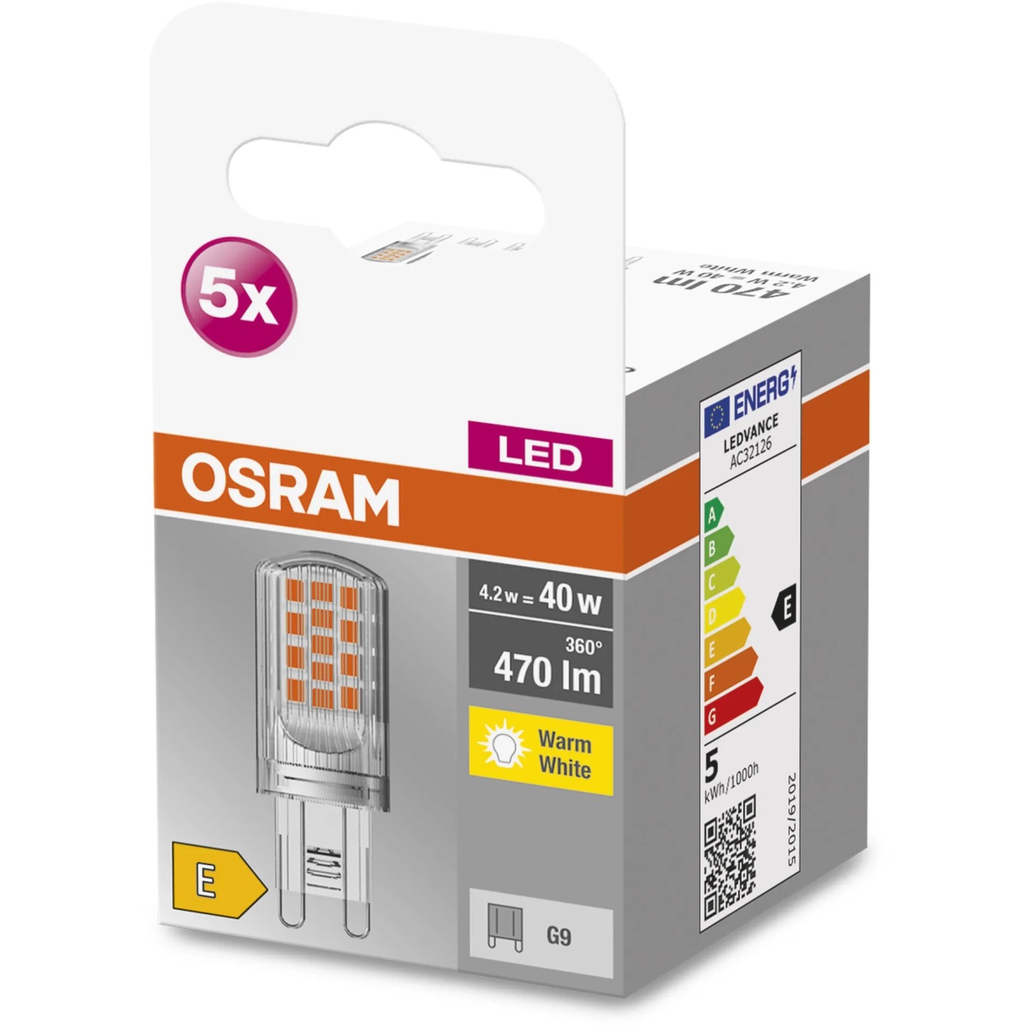 Osram G9 LED Leuchtmittel, 4,2W, warmweiß, im 5er Pack. Energiesparend und langlebig.