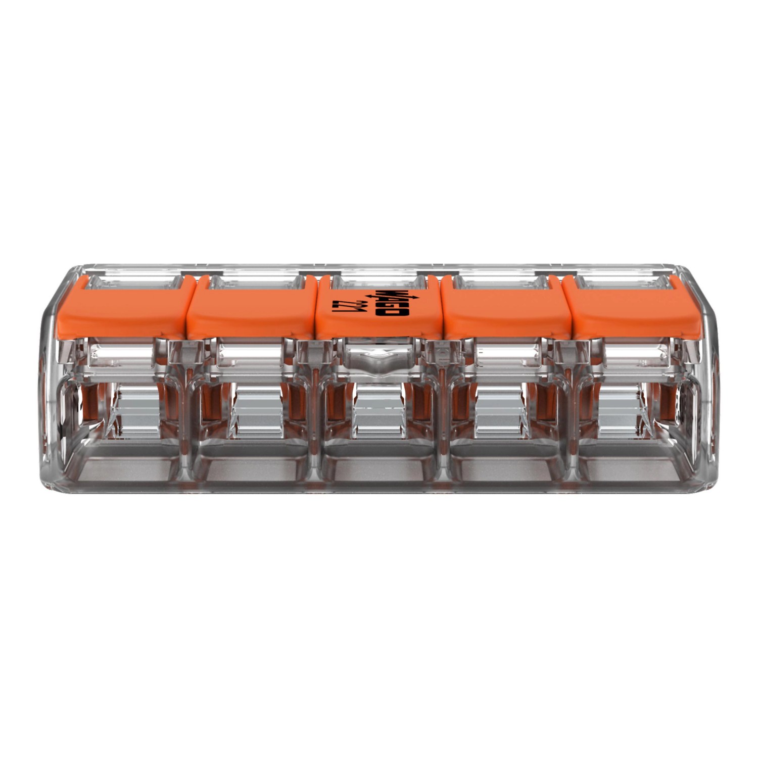 Wago Hebelklemme, 5-polig, für Leiter bis 4 mm², 5 Stück, Verbindungsklemme mit transparentem Gehäuse und orangefarbenen Hebeln.