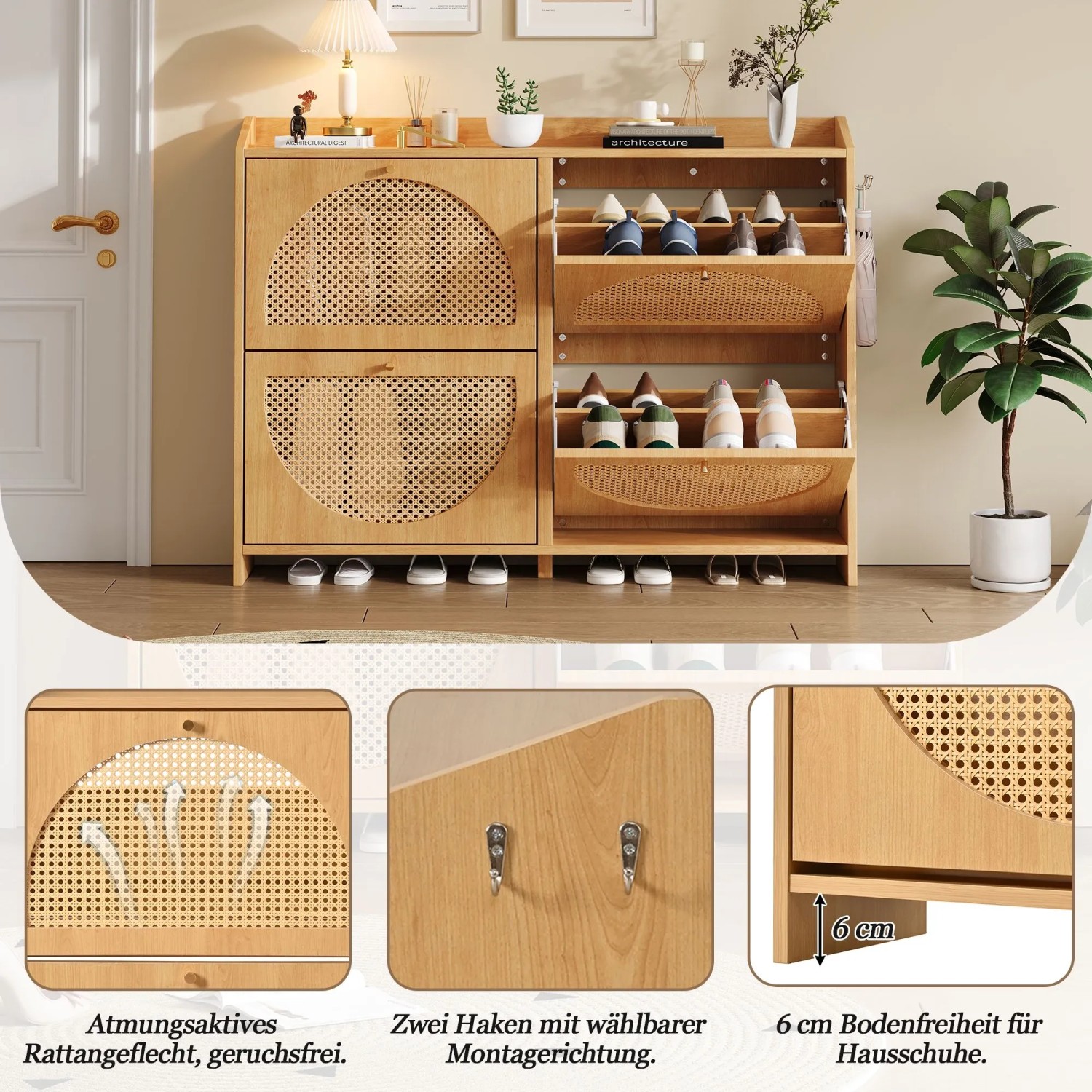 Schmaler Merax Schuhschrank in Natur Holzoptik mit Rattan-Türen, 4 Klapptüren, 8 Fächern und Haken für den Eingangsbereich.