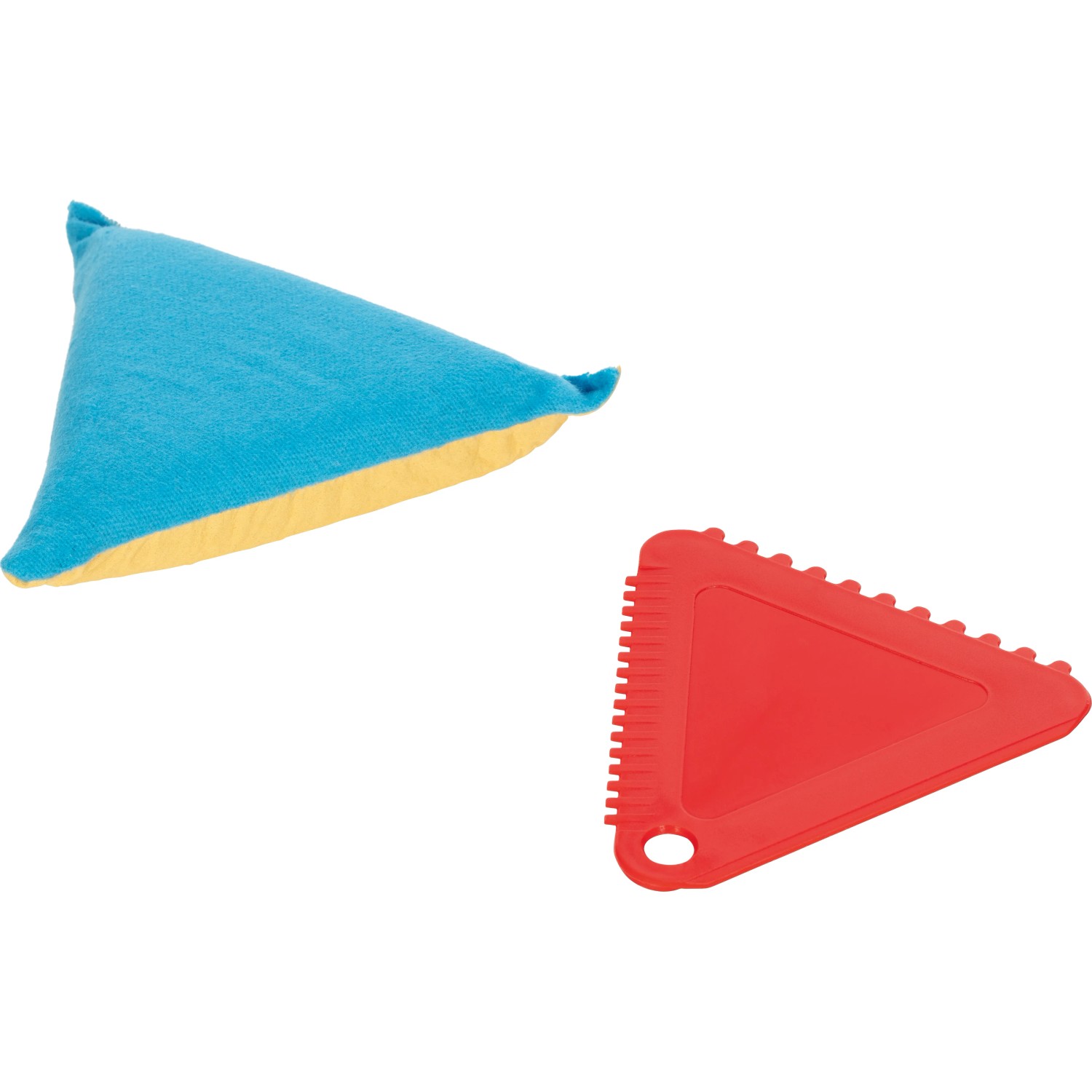 Eiskratzer mit rotem Schaber und blau-gelbem Reinigungspad für Autoscheiben.