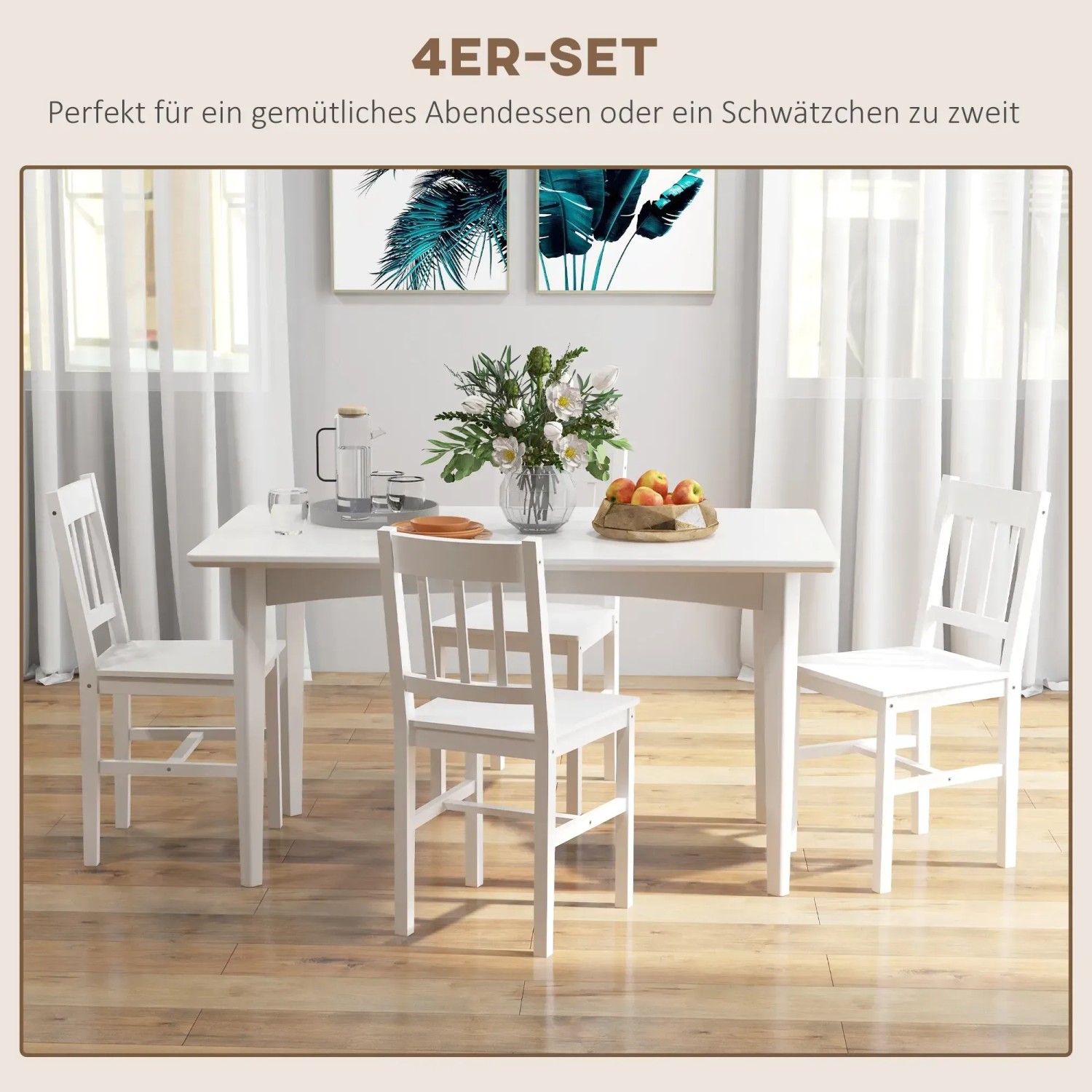 HOMCOM 4er Set Küchenstühle mit Rückenlehne, weißes Holzgestell.
