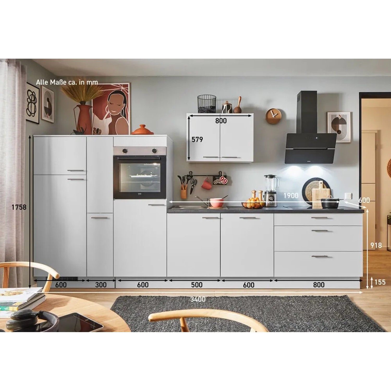 Moderne, lichtgraue pino Küchenzeile (340 cm) mit Geräten, Spüle und Apothekerschrank. Inklusive Elektrogeräte.