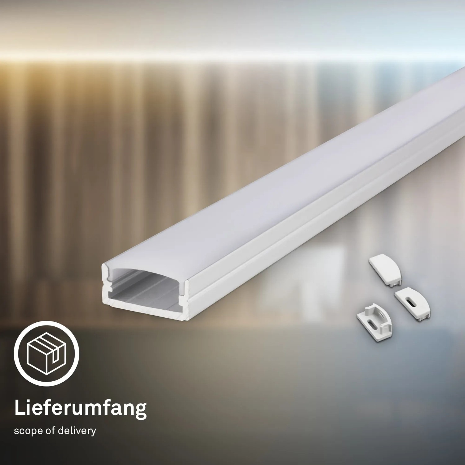 Briloner Aluminiumprofil, selbstklebend, 2m, alu-weiß, mit Endkappen für LED-Streifen.
