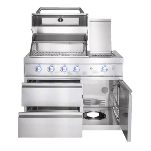 MyOutDoorKitchen Pure Compact Outdoorküche aus Edelstahl mit Gasgrill und Seitenbrenner.