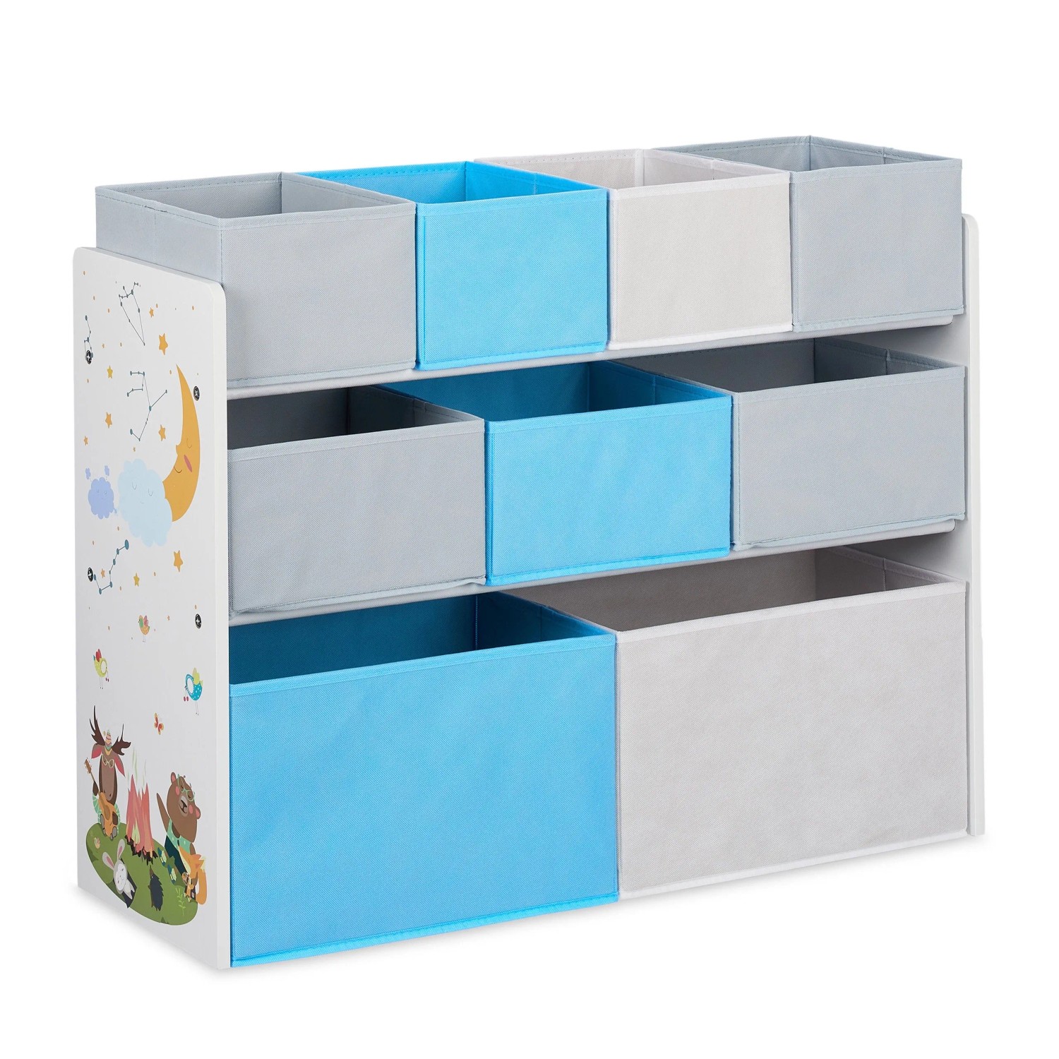 Relaxdays Kinderregal Spanplatte Metall Polyester Bunt mit Motiv und 9 Boxen 66 cm x 82,5 cm x 29,5 cm