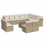 Beige 13-tlg. Garten-Sofagarnitur aus Poly Rattan mit Kissen und Tisch.