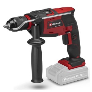 Einhell Akku-Schlagbohrmaschine Power X-Change, rot-schwarz, mit Zusatzhandgriff und Schnellspannbohrfutter.