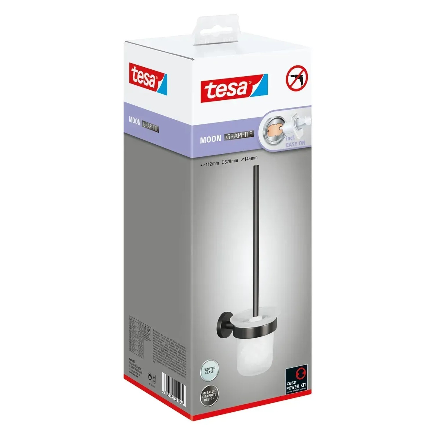 Tesa Moon WC-Bürstengarnitur in Graphit, verpackt. WC-Bürste mit Halter aus satiniertem Glas.
