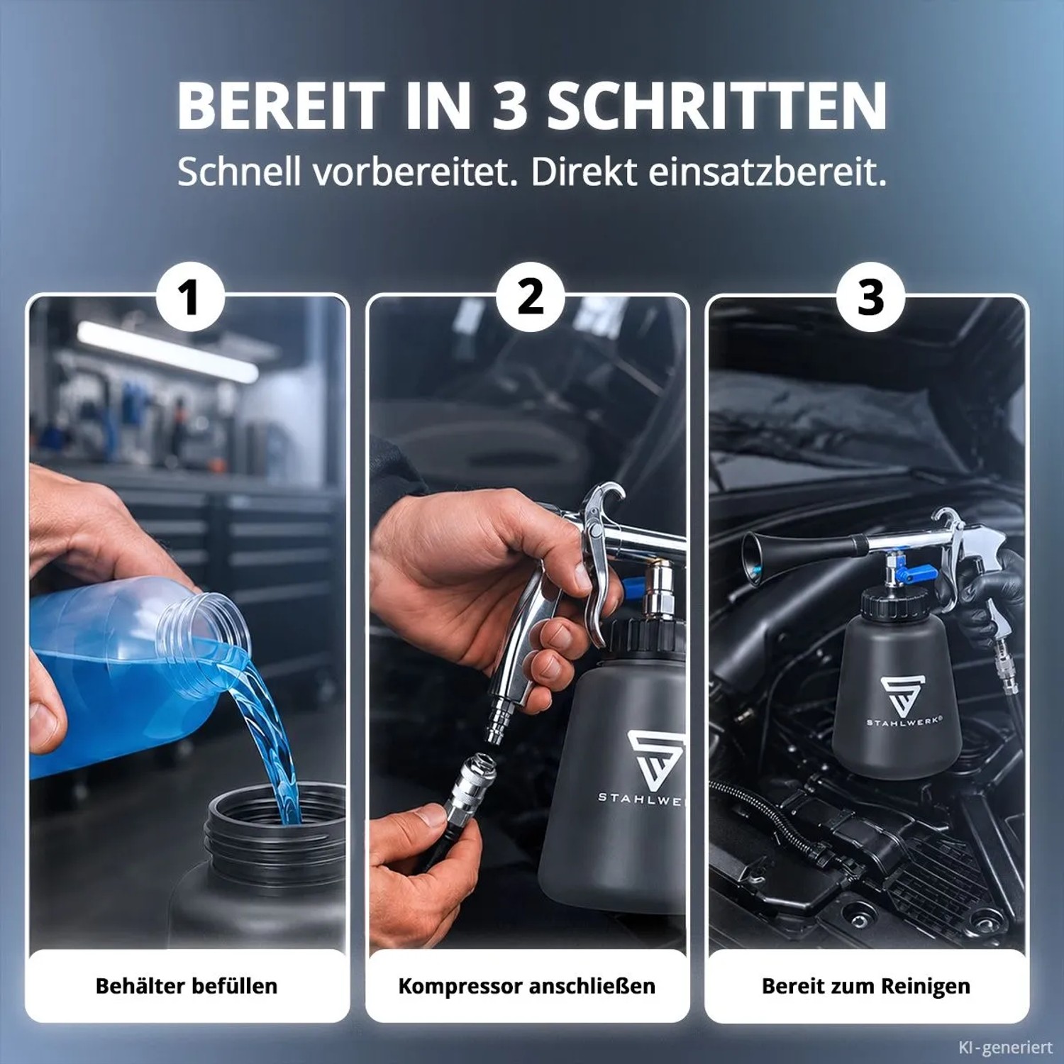 STAHLWERK Druckluft-Reinigungspistole RP-90 ST in 3 Schritten: Befüllen, Kompressor anschließen, bereit zur Kfz-Reinigung.