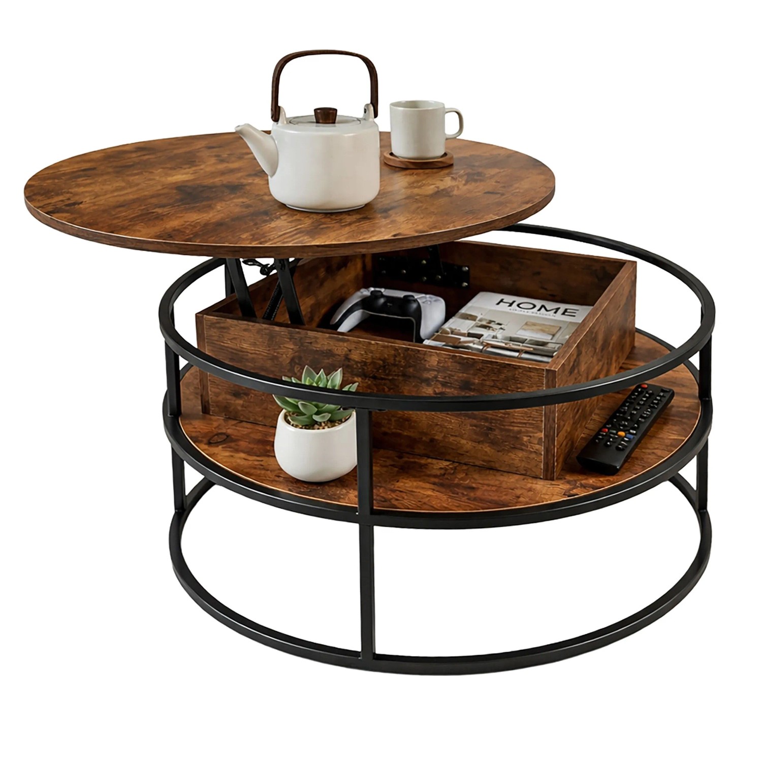 Relaxdays Couchtisch MDF Eisen Vintagebraun Höhenverstellbar mit Stauraum 46 cm x 80 cm