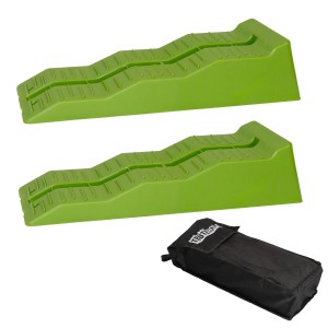 2 grüne TRUTZHOLM Auffahrkeile mit 3 Stufen und Tasche für Wohnmobile, Zubehör für Autoanhänger.