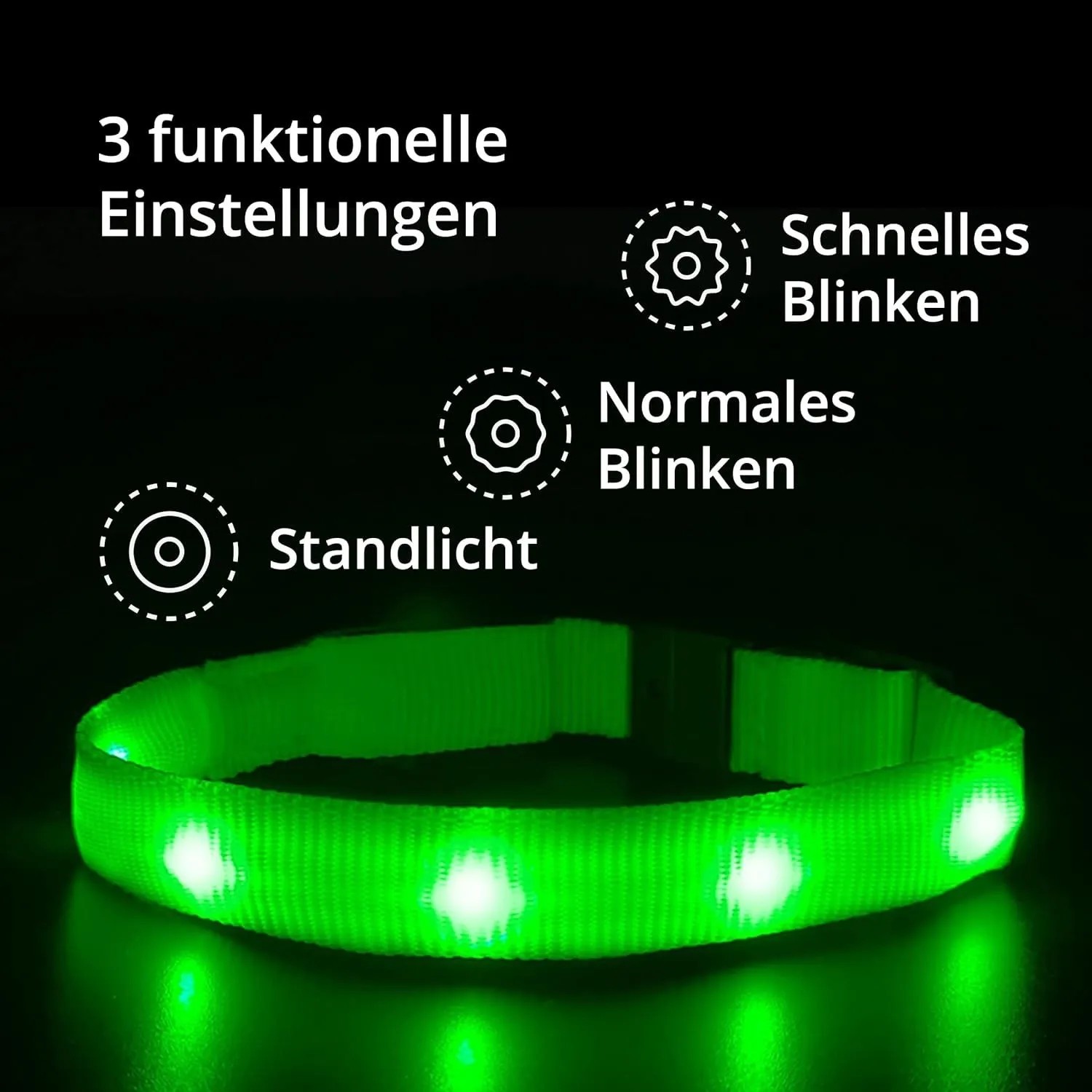 Grünes PETSATION Leuchthalsband für Katzen mit 3 Lichtmodi: Standlicht, Blinken, schnelles Blinken. Für Sicherheit bei Nacht.