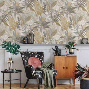 Sanders & Sanders Tapete Blätter Beige Grau und Gelb 53 cm x 10 m