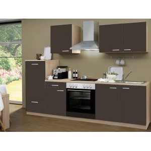 Menke Küchenzeile Classic 270 cm in Lava Melamin und Sonoma Eiche Nachbildung mit E-Geräten.