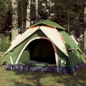 Grünes 4-Personen Kuppelzelt mit Quick-Release-System für Campingausflüge.