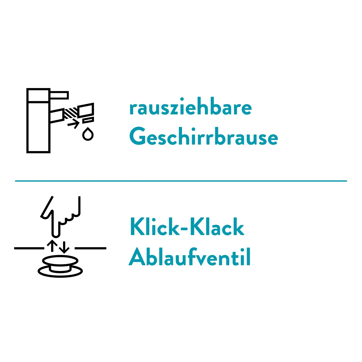 Piktogramme: Waschtischarmatur mit Geschirrbrause, Klick-Klack-Ablaufventil.