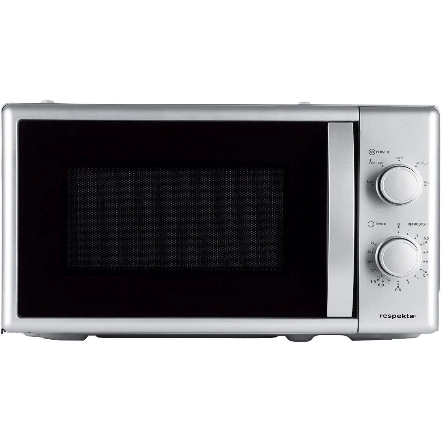 Respekta Mikrowelle MW700 in Silber für die Miniküche, Frontansicht.