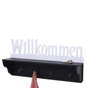 Schwarze Wandgarderobe mit Ablage, 4 Haken und weißem "Willkommen" Schriftzug.