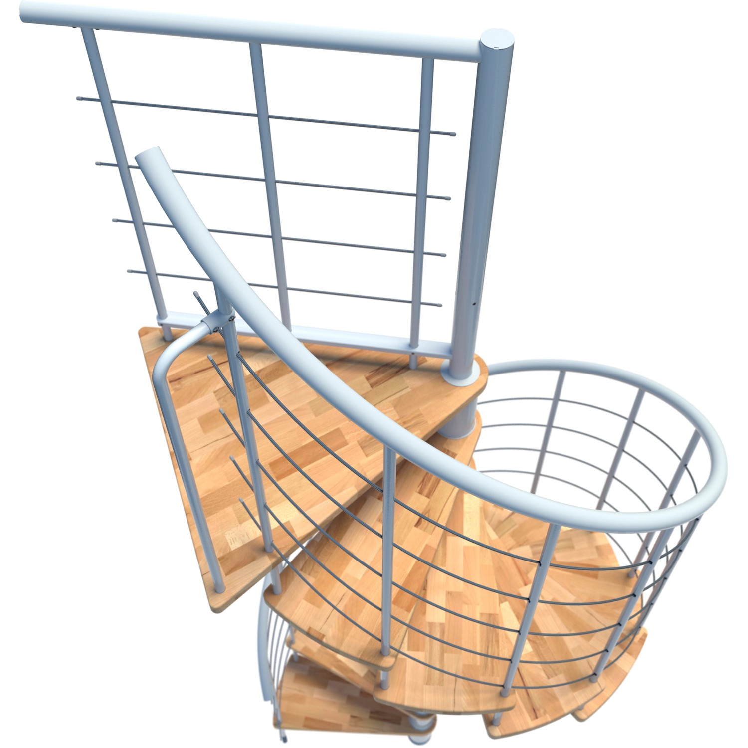 Weiße Minka Spindeltreppe Venezia Smart Buche, spiralförmige Innentreppe mit Holzstufen.