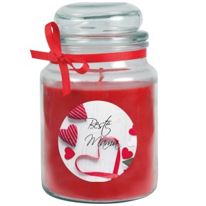 Rote HS Candle Duftkerze im Glas mit "Beste Mama" Motiv, ideal zum Muttertag.