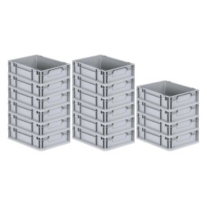 PROREGAL Spar Set: 16 graue Euroboxen (11L) mit Griffen, gestapelt. Aufbewahrungsboxen für Industrie und Gewerbe.
