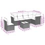 Beige 7-teilige Garten-Sofagarnitur aus Polyrattan mit Kissen, Maße eingezeichnet.