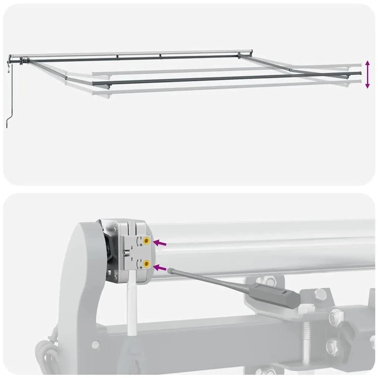 vidaXL Einziehbare Markise: Ausziehmechanismus des Aluminiumrahmens und Neigungseinstellung. Montage-Detail.
