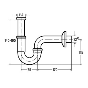 Skizze eines verchromten Viega Siphons für Waschtische, 1 1/4 Zoll, mit Maßangaben.