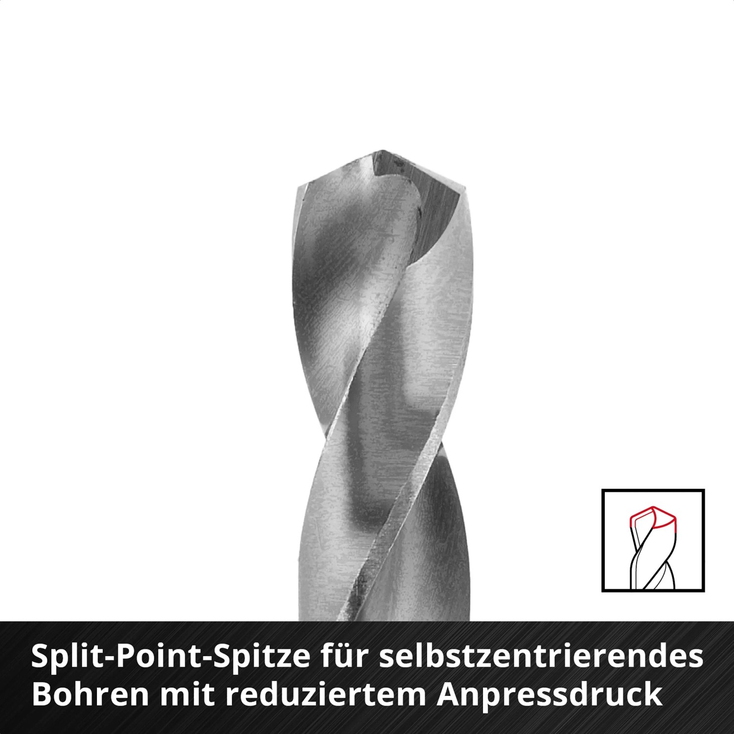 Detailaufnahme eines Metallbohrers aus dem Einhell Bit- und Bohrerset mit Split-Point-Spitze.